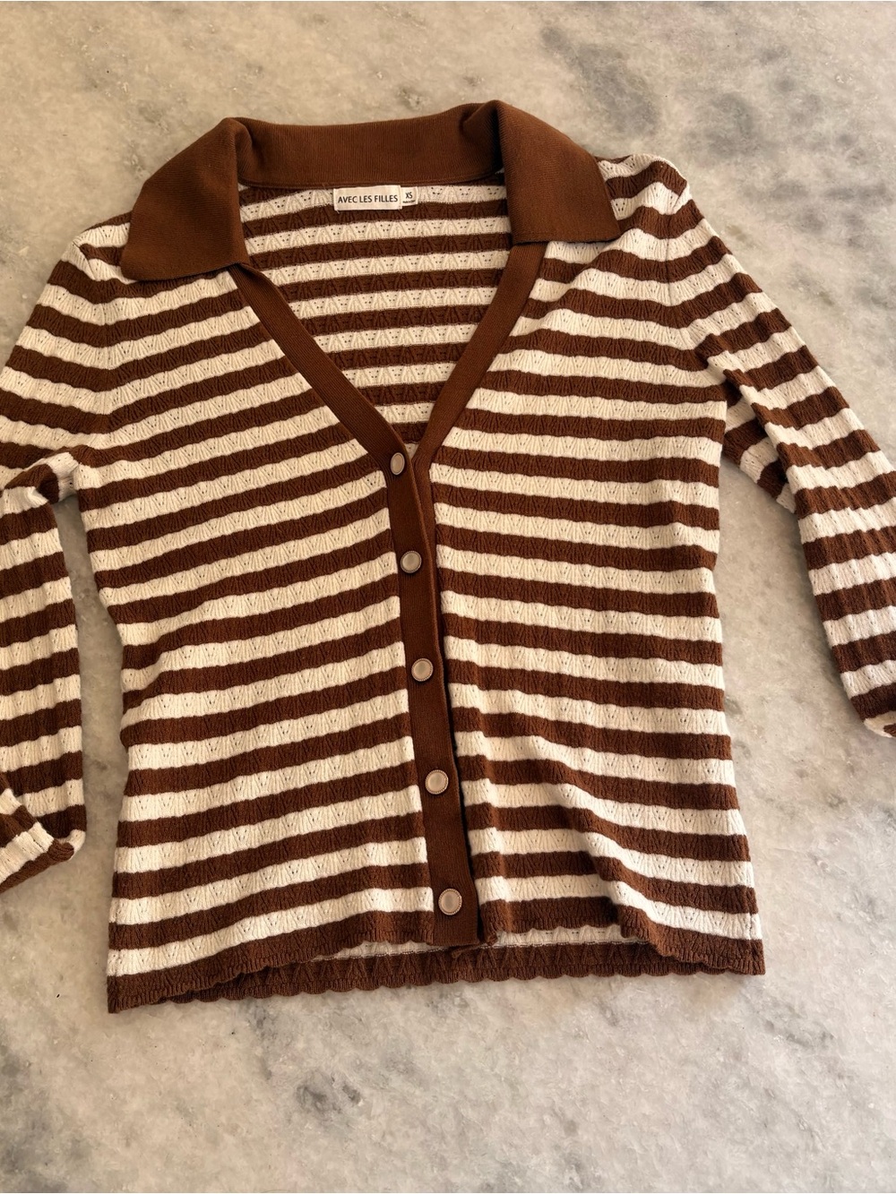 Avec Les Filles Brown & Cream Striped Polo Button-Front Cardigan